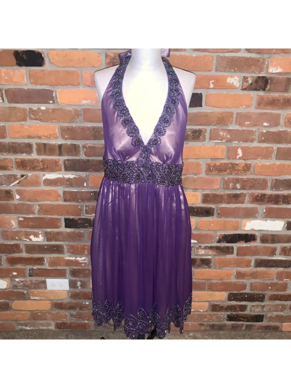 Adrianna Papell Evening Purple Silk Beaded Halter Dress Size 10